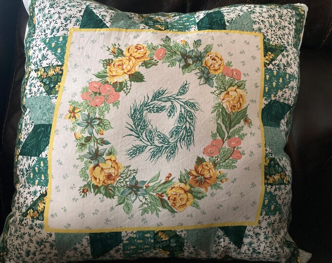 Vintage Fabric Cheater Quilt Panels Sewn Into Reversible Throw Pillow