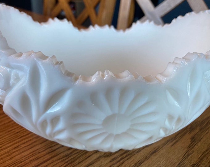 Vintage White Milk Glass Sawtoothed Edge Oval Shaped Dish