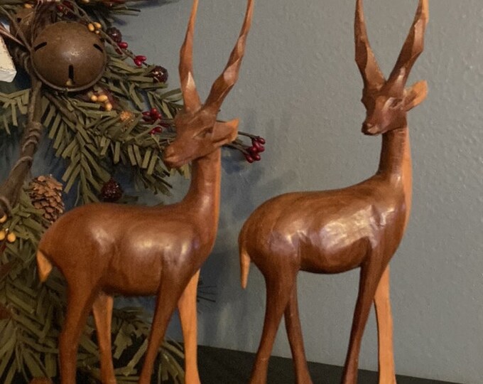 Vintage Mid-Century Modern Style Gazelle Wooden Carvings Decor