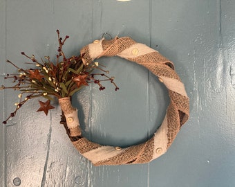 Grapevine Wreath with Burlap, Muslin & Button Ribbon and Rusty Star Pip Berry Spray