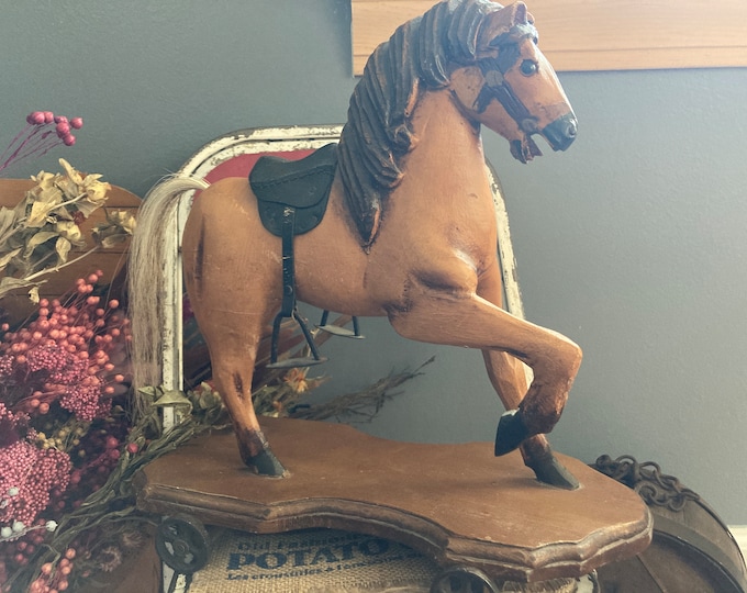 Antique Wooden Toy Horse on Wheeled Wooden Base