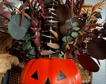 Jack-o-Lantern and Dried Eucalyptus Arrangement