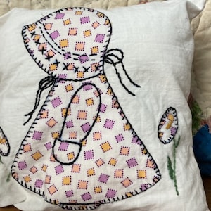 Reversible Vintage Quilt Block Hand Embroidered Sunbonnet Sue and Flowers Repurposed into Pillow