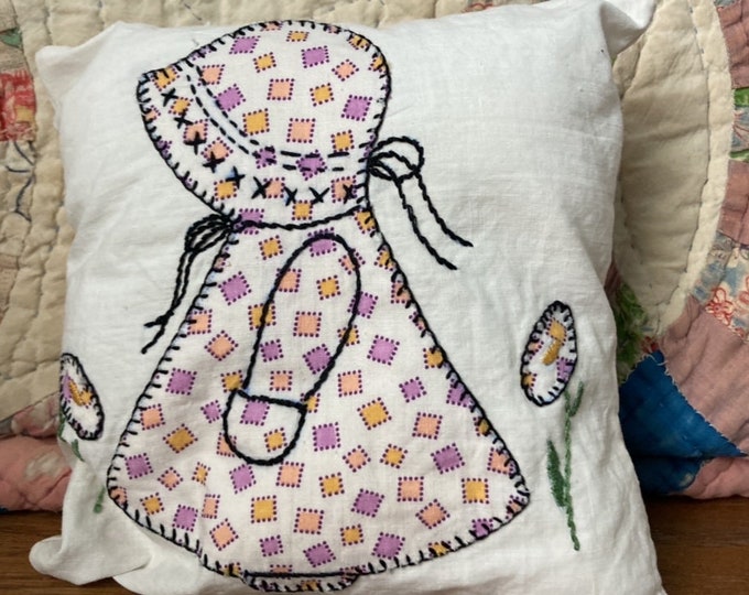 Reversible Vintage Quilt Block Hand Embroidered Sunbonnet Sue and Flowers Repurposed into Pillow