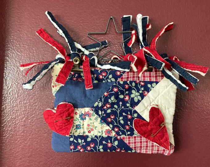 Hanger with Rustic Metal Star with  Americana Style Vintage Quilt Block Repurposed into Mini Blanket and Rag Strip Ties with Hearts