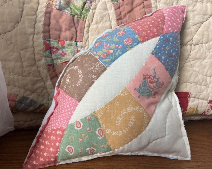 Vintage Quilt Square Repurposed Into Reversible Raw-Edged Triangular Pillow