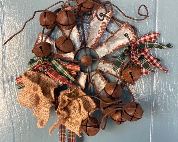 Country Decor Christmas Holiday Rusty Windmill and Jingle Bells Hanging