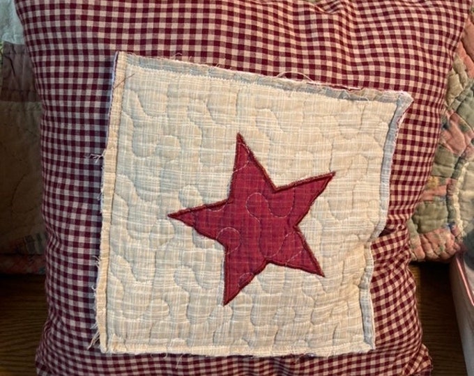 Red Check Prim Fabric Pillow with Vintage Quilt Square Embellishment