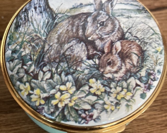 Vintage Kingsley Enamels Mother and Baby Rabbit Hinged Lid Trinket Box