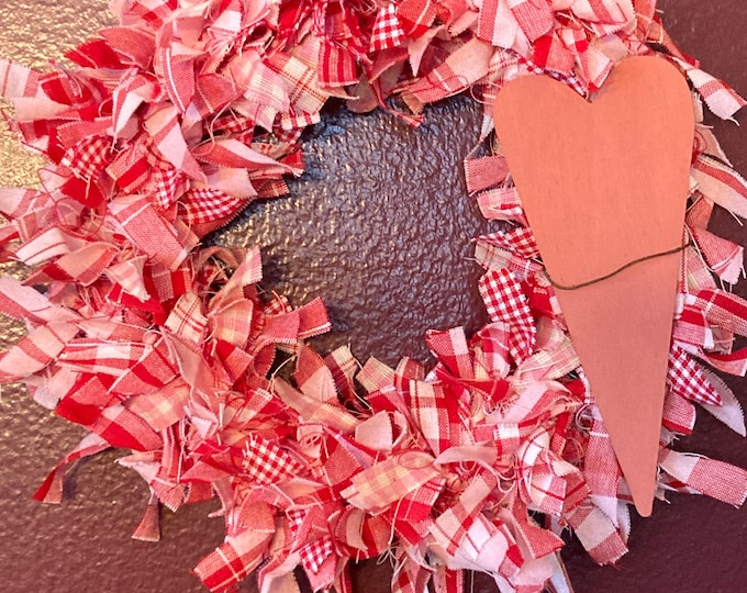 Pink and Red Rag Strip Wreath with Pink Handpainted Wooden Primitive Style Heart and Rusty Wire