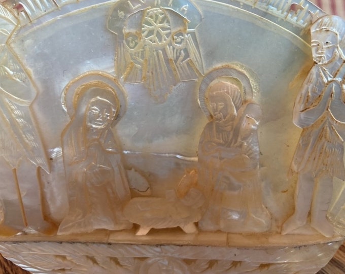 Vintage Mother of Pearl Shell Carved with “The Manger” Scene