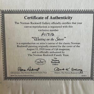 May include: Certificate of Authenticity for a canvas reproduction of Norman Rockwell's "Waiting on the Shore" painting. The certificate is signed by the administrator and director of the Norman Rockwell Gallery and includes the registration number A1712.