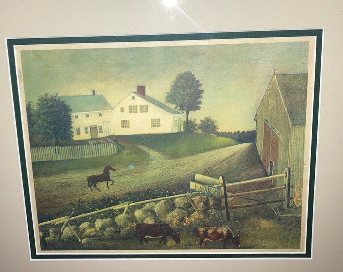 Vintage Framed Primitive Farm Scene Print