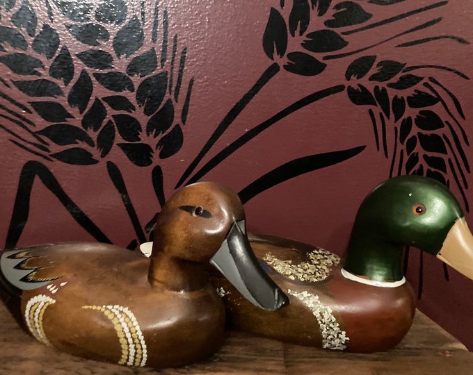 Vintage Hand Carved Painted Glass Eye Set of Mallard Ducks