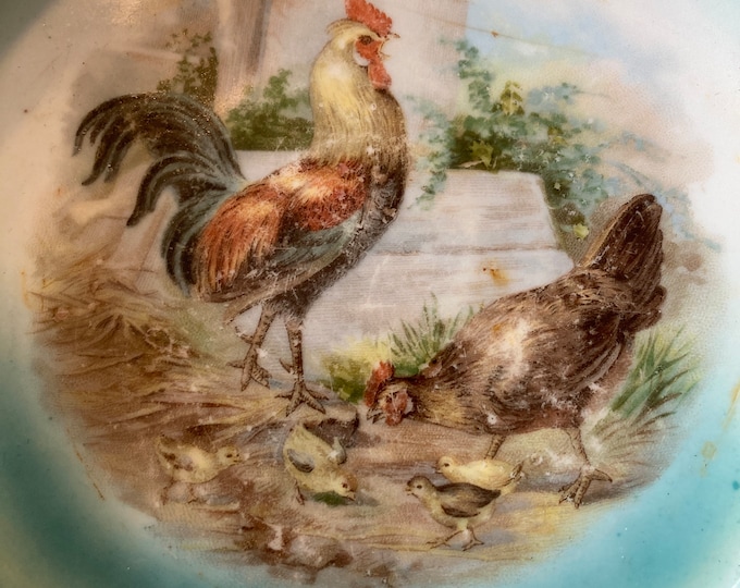 Vintage Ironstone Bowl with Rooster, Hen, and Chicks Farm Scene