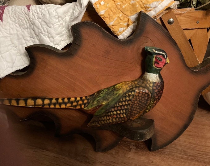 Vintage Hand Carved and Painted Pheasant and Leaf Hanging