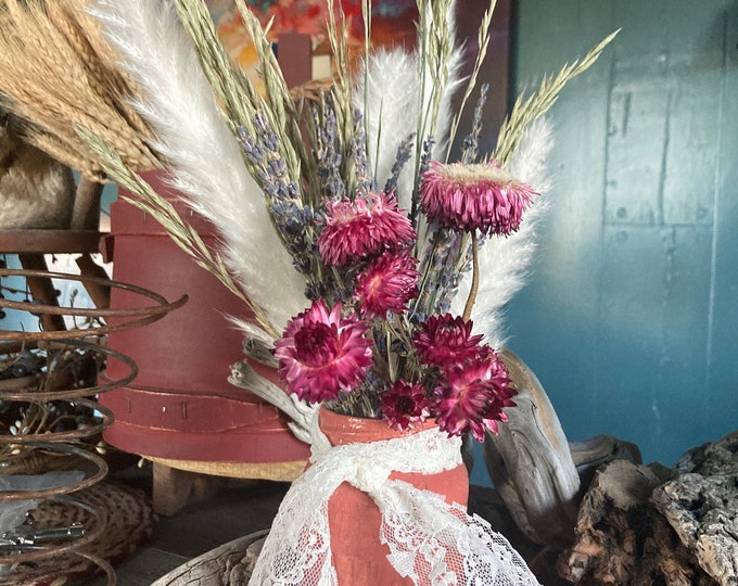 Pink Atlas Jar Chalk Painted and Crackled with Dried Straw Flowers, Montana Prairie Grass, Pampas Grass, and Lavender with White Lace