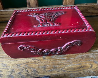 Antique Red Wooden Box with Scrollwork