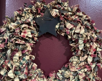 Rag Strip Wreath with Black Metal Rusty Star