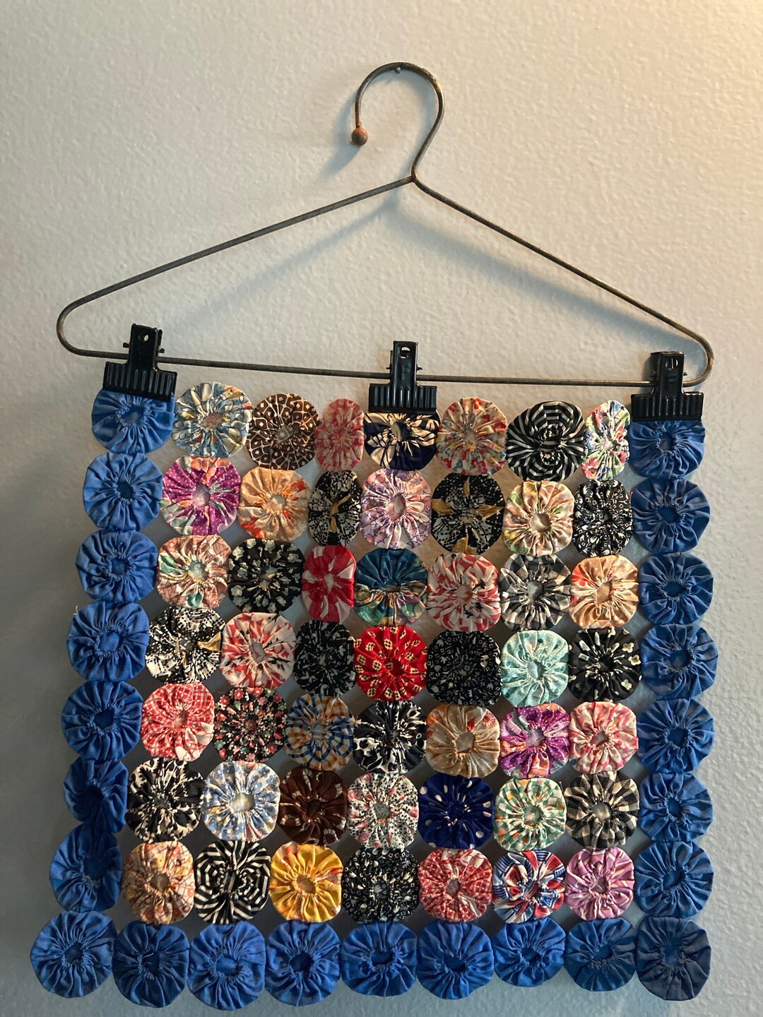 Vintage Yoyo Quilt Block Held With Metal Clips on a Rusty Etsy