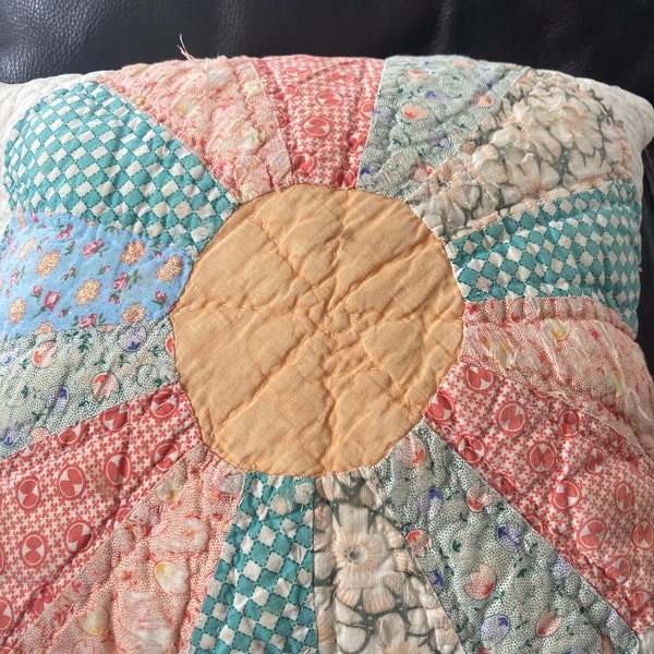 Vintage Dresden Plate Quilt Squares Repurposed Into Reversible Pillow