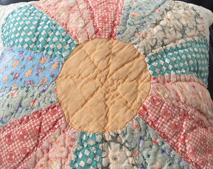 Vintage Dresden Plate Quilt Squares Repurposed Into Reversible Pillow