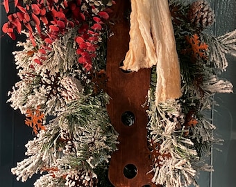 Antique Stocking Stretcher and Rusty Snowflakes Flocked Wreath with Dried Eucalyptus Accent