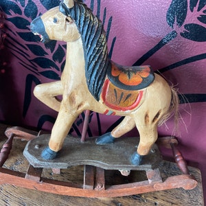 Antique Wooden Carved and Painted Rocking Horse Toy on Wooden Stand