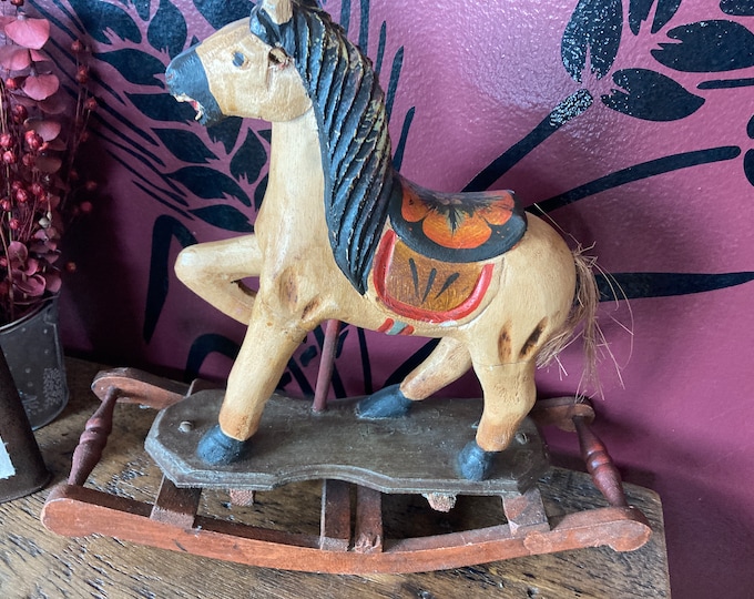 Antique Wooden Carved and Painted Rocking Horse Toy on Wooden Stand