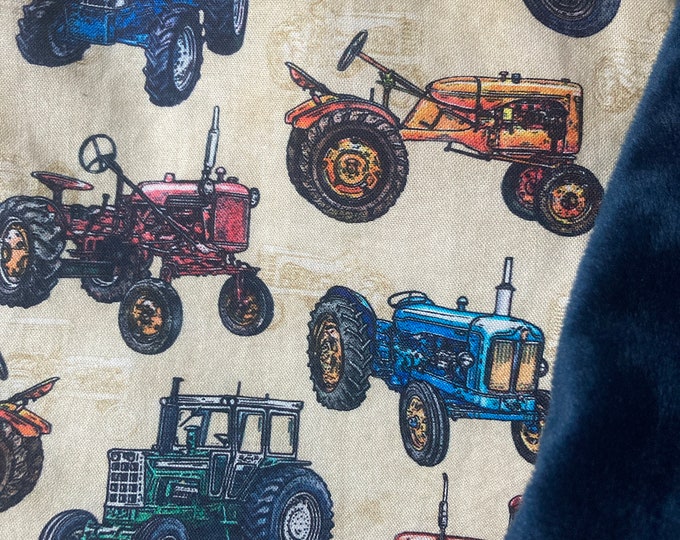 Tractor Blanket with Navy Blue Minky Backing