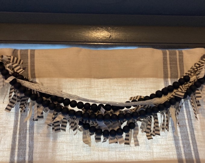 French Country Black and Cream Ticking Rag Strip,Lace, and Black Wooden Bead Garland