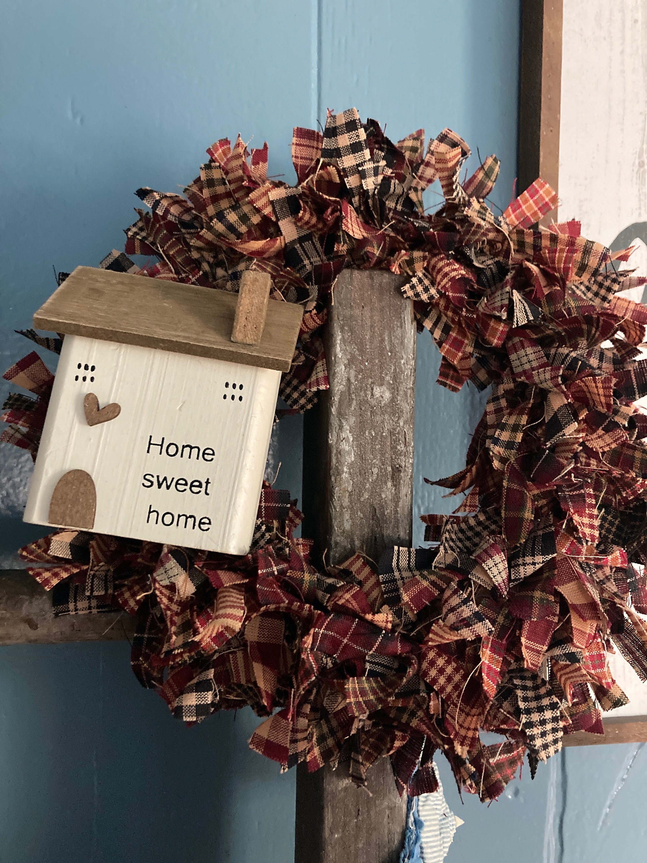 Country Homespun Fabric Rag Strips Wreath With home Sweet - Etsy