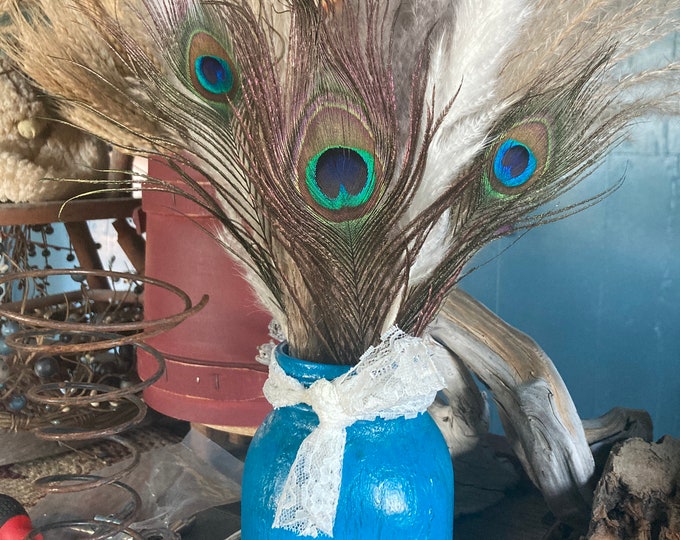 Mason Jar Blue Crackle Paint with Dried Pampas Grass and Peacock Feathers