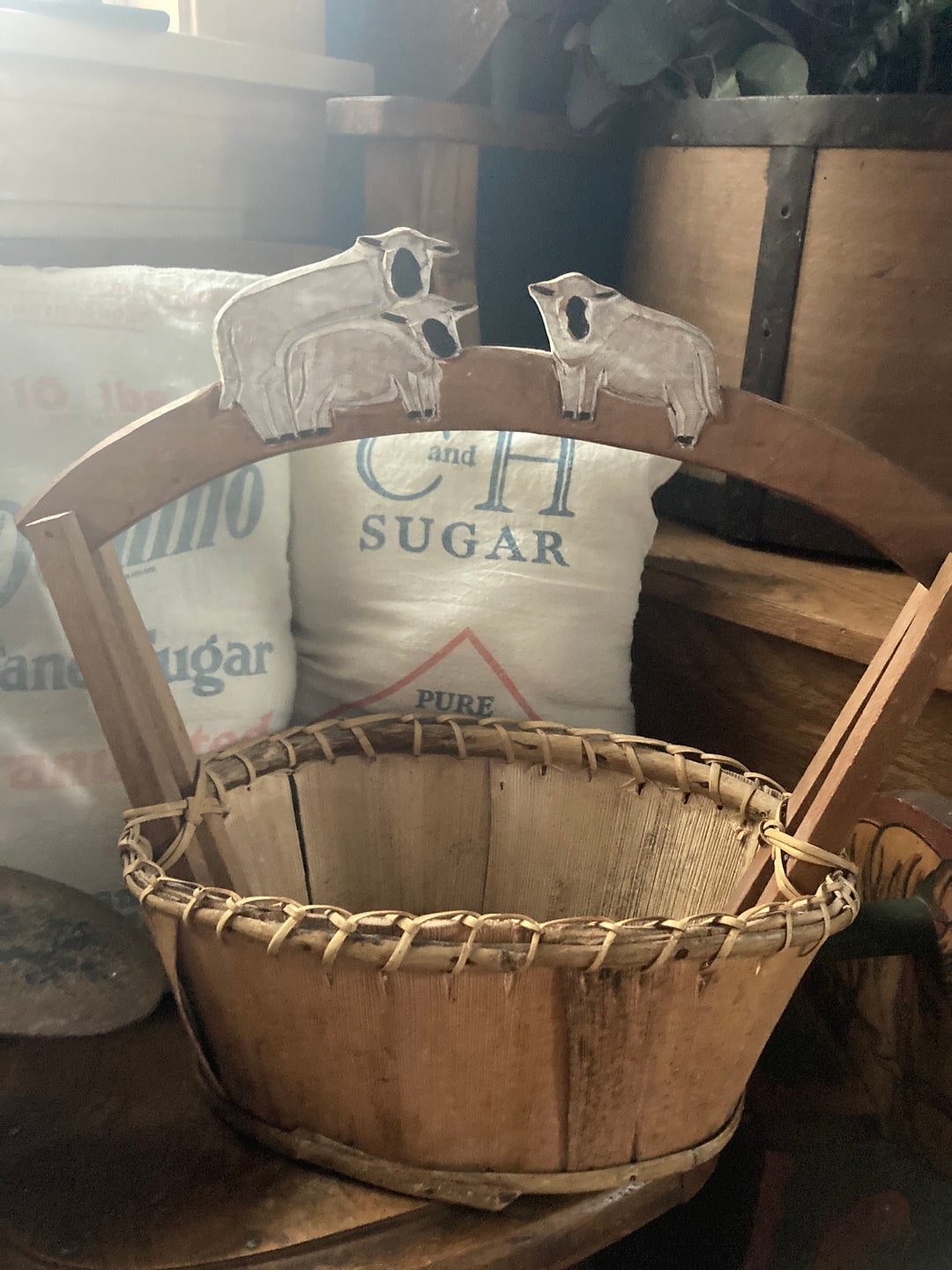 Vintage Tree Bark Basket With Wooden Handle Carved With Primitive