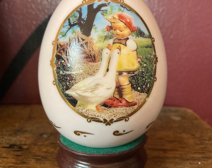 Vintage M.J. Hummel Danbury Mint “Goose Girl” Egg with Wooden Egg Stand