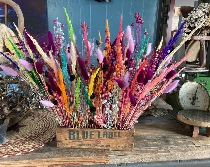 Spring Colors Dried Florals in Vintage Blue Label Cheese Box Centerpiece