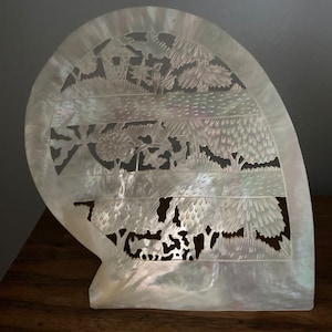 Vintage Mother of Pearl Shell with Asian Rural Scene Carved