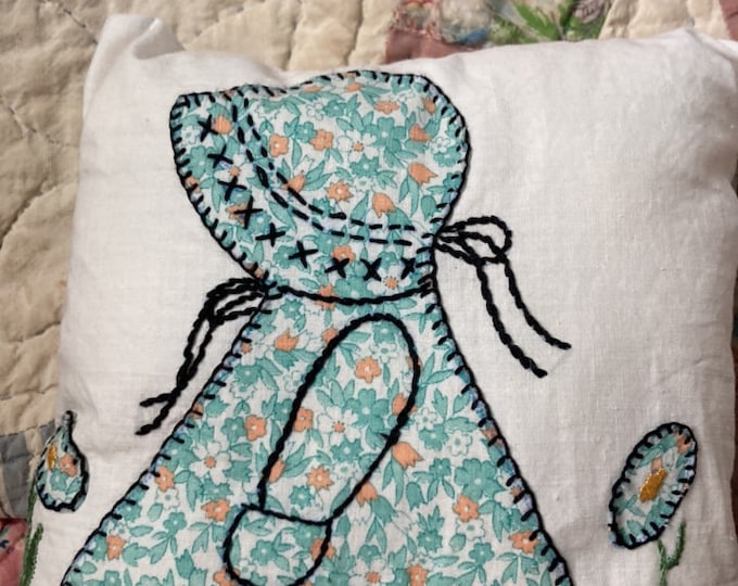 Reversible Vintage Quilt Block Hand Embroidered Sunbonnet Sue and Flowers Repurposed into Pillow