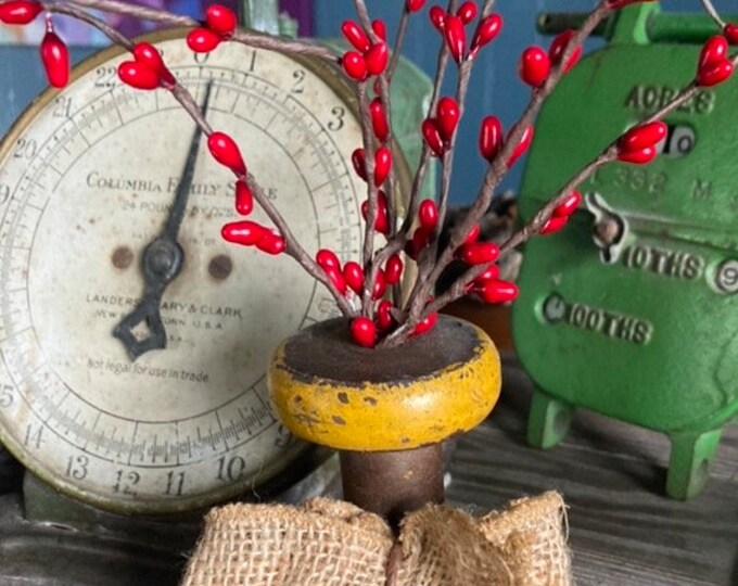 Primitive Tree Red Pip Berry Branches with Vintage Spool Base and Primitive Burlap Bow