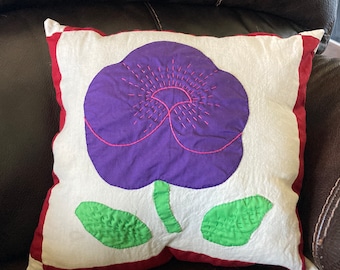 Vintage Hand Emroidered Pansies Quilt Squares Repurposed into Reversible Pillow