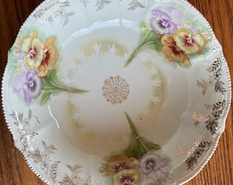 Vintage Handpainted Pansies Serving Bowl