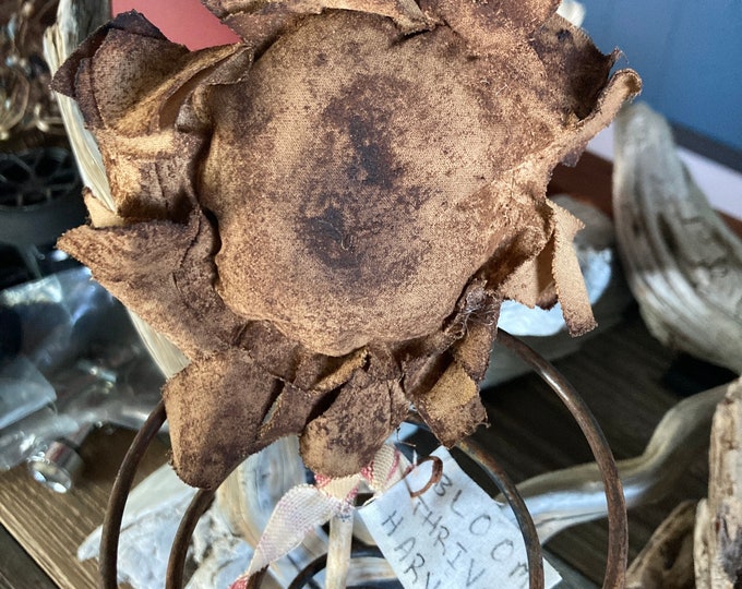 Extreme Grunge Primitive Sunflowers on Cottonwood Pick with Ticking Fabric Tie and Muslin “Bloom, Thrive, Harvest”