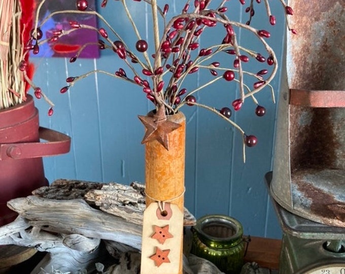 Upcycled Vintage Wooden Spool Primitive Pip Berry Tree with Grungy Hang Tag and Rusty Star