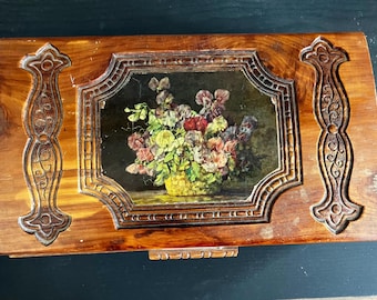 Antique Wooden Hinged Lid Box with Floral Decoupage and Carved Designs