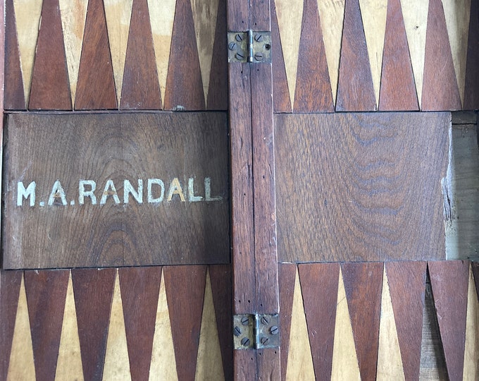 Antique Inlaid Wood Signed Backgammon and Checkers Board with Hinges