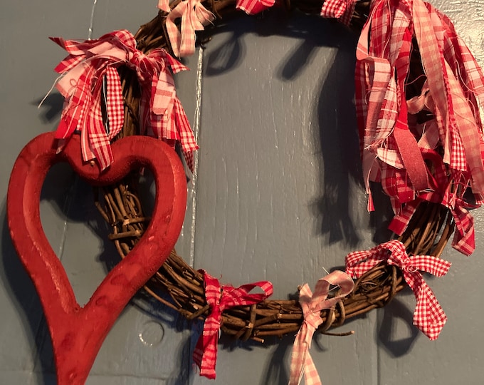 Valentine’s Day Wooden Heart Grapevine Wreath and Fabric Strips