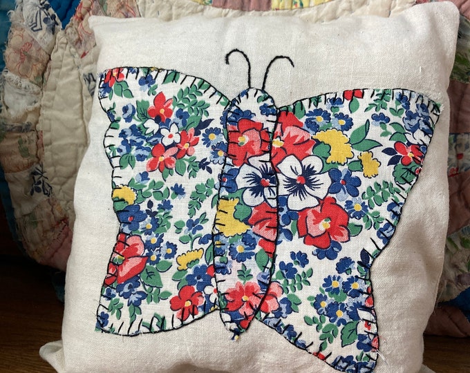 Reversible Vintage Quilt Block Butterfly Hand Embroidered Repurposed into Pillow