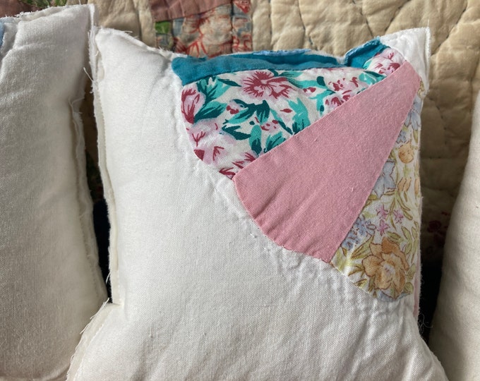 Reversible Set of 3 Vintage Dresden Plate Quilt Squares Made Into Small Pillows with Raw Edges