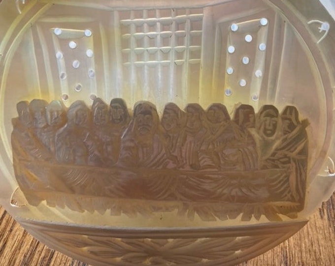 Vintage Mother of Pearl Shell Carved with “The Last Supper” Scene