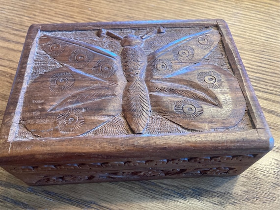 Vintage India Handcarved Wooden Butterfly and Flo… - image 1